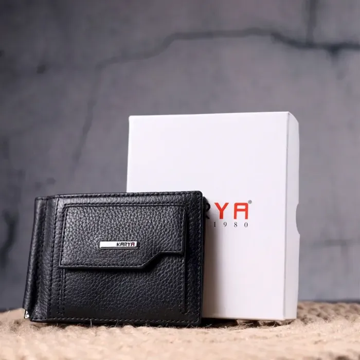Интересный зажим для мужчин с монетницей из натуральной кожи KARYA 21346 Черный