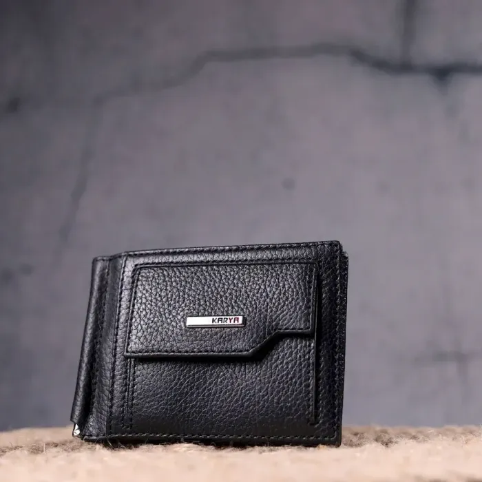 Интересный зажим для мужчин с монетницей из натуральной кожи KARYA 21346 Черный