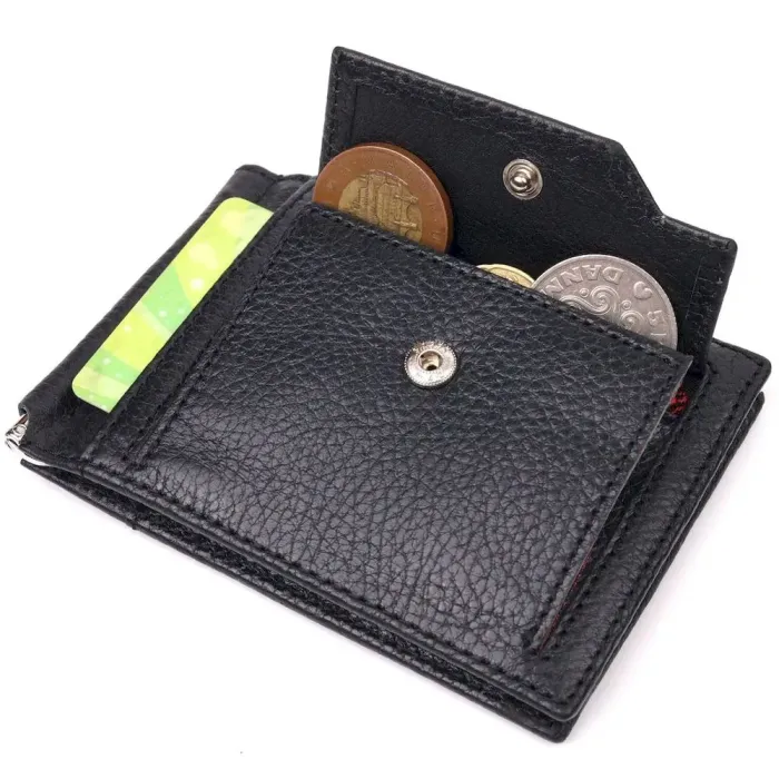 Интересный зажим для мужчин с монетницей из натуральной кожи KARYA 21346 Черный