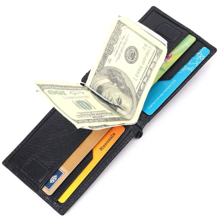 Интересный зажим для мужчин с монетницей из натуральной кожи KARYA 21346 Черный