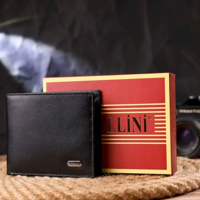 Якісний гаманець для чоловіків у дві складення з натуральної гладкої шкіри CANPELLINI 21579 Чорний