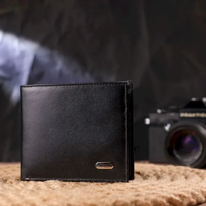 Якісний гаманець для чоловіків у дві складення з натуральної гладкої шкіри CANPELLINI 21579 Чорний