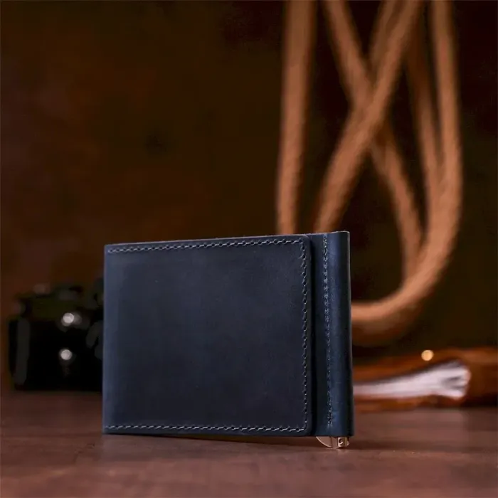 Якісний затиск із натуральної шкіри GRANDE PELLE 11198 Синій