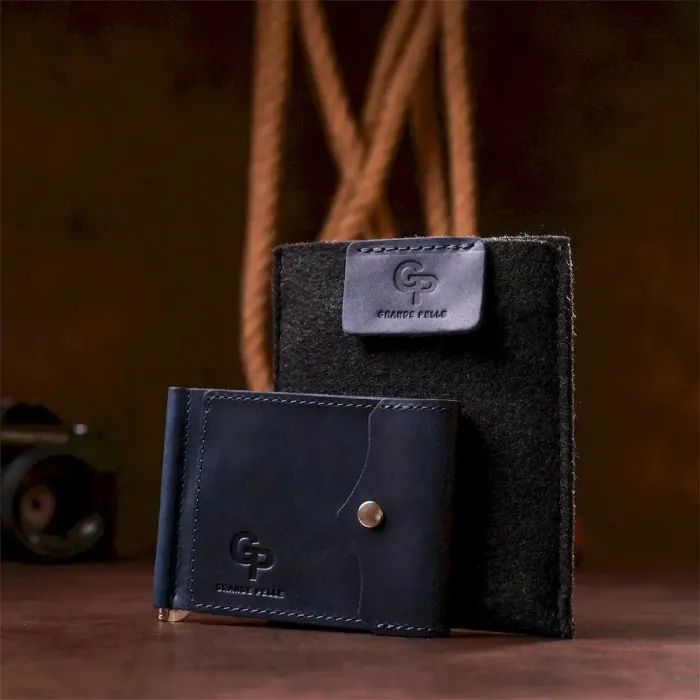 Якісний затиск із натуральної шкіри GRANDE PELLE 11198 Синій