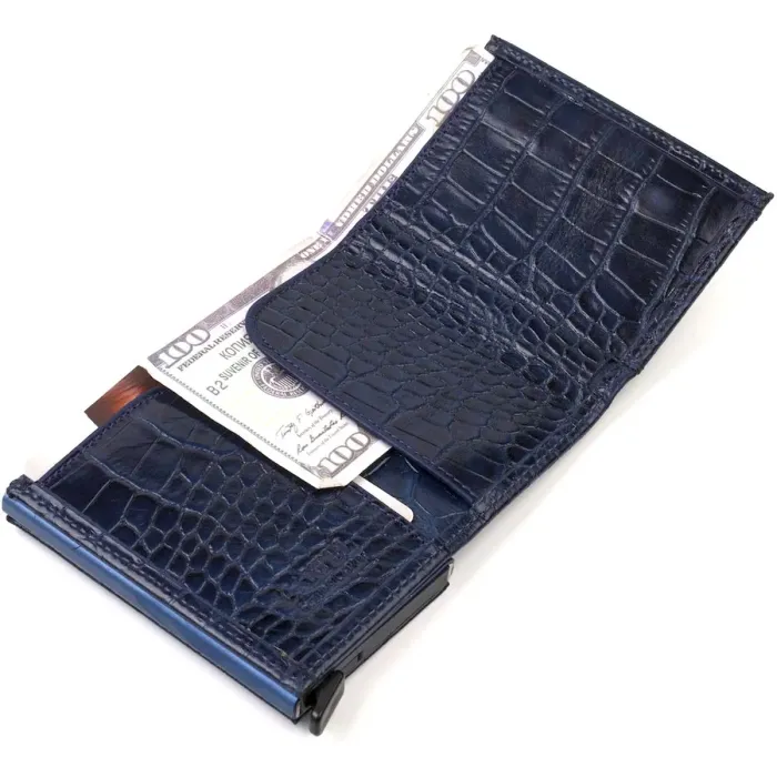 Картхолдер для чоловіків у три складання з автоматичним механізмом із натуральної шкіри з тисненням під крокодила CANPELLINI 21935 Синій