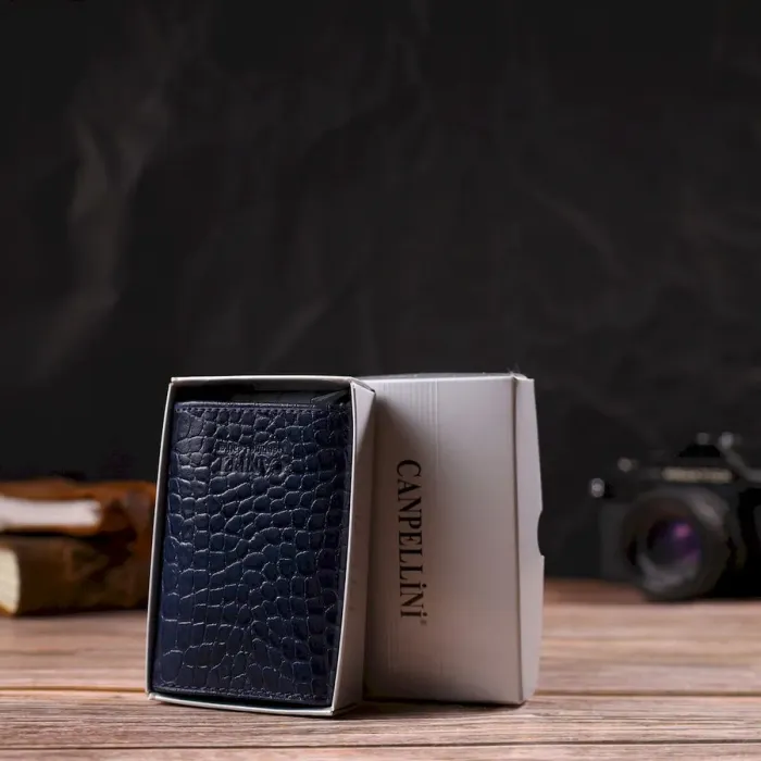 Картхолдер для чоловіків у три складання з автоматичним механізмом із натуральної шкіри з тисненням під крокодила CANPELLINI 21935 Синій
