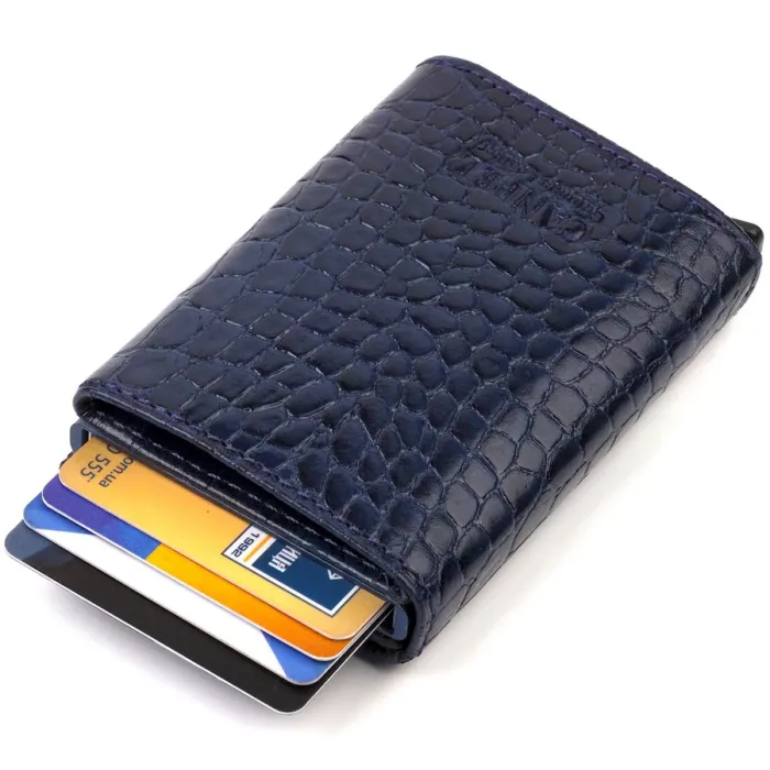 Картхолдер для чоловіків у три складання з автоматичним механізмом із натуральної шкіри з тисненням під крокодила CANPELLINI 21935 Синій