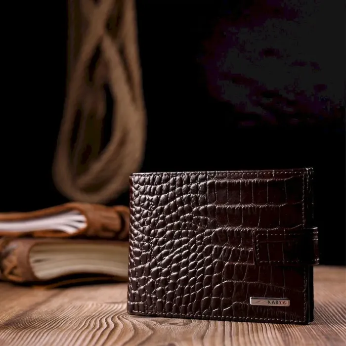 Классический мужской кошелек из натуральной кожи с тиснением под крокодила KARYA 21199 Коричневый
