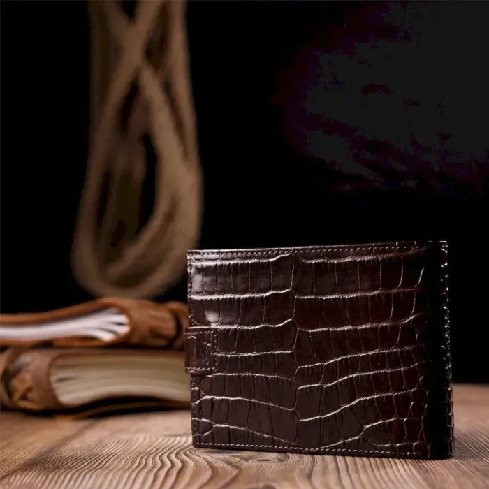Классический мужской кошелек из натуральной кожи с тиснением под крокодила KARYA 21199 Коричневый