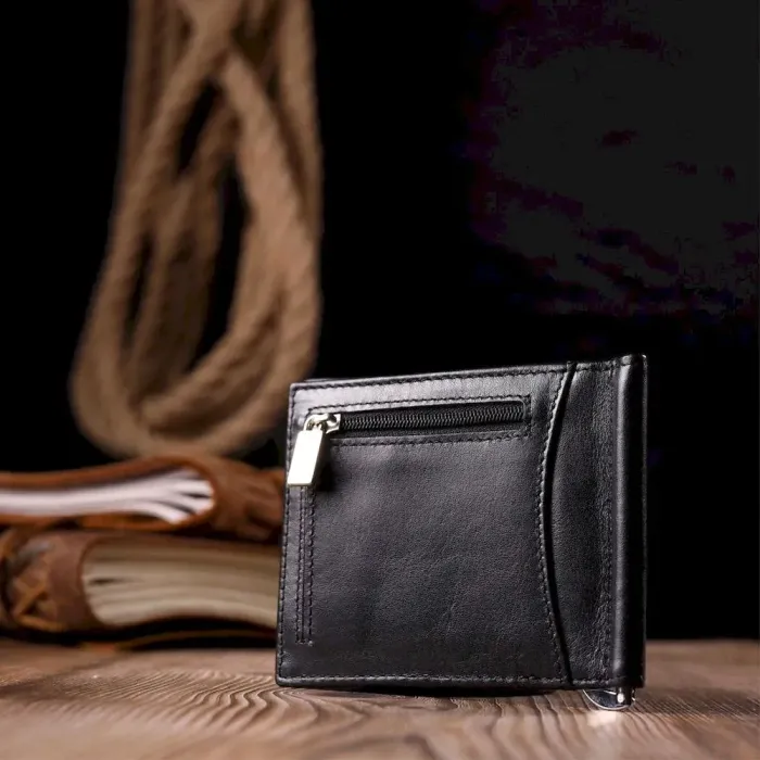 Класичний чоловічий затиск із натуральної гладкої шкіри KARYA 21120 Чорний