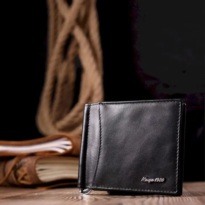 Класичний чоловічий затиск із натуральної гладкої шкіри KARYA 21120 Чорний
