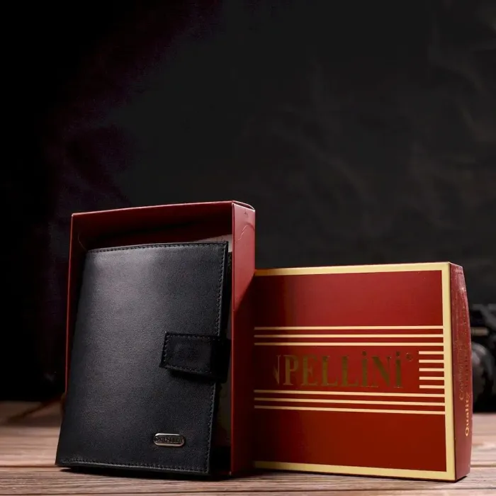 Класичний вертикальний чоловічий портмоне середнього розміру з натуральної гладкої шкіри CANPELLINI 21857 Чорний