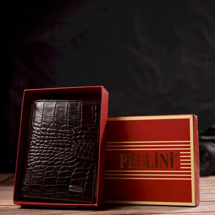 Классическое вертикальное мужское портмоне среднего размера из натуральной кожи с тиснением под крокодила CANPELLINI 21733 Коричневое