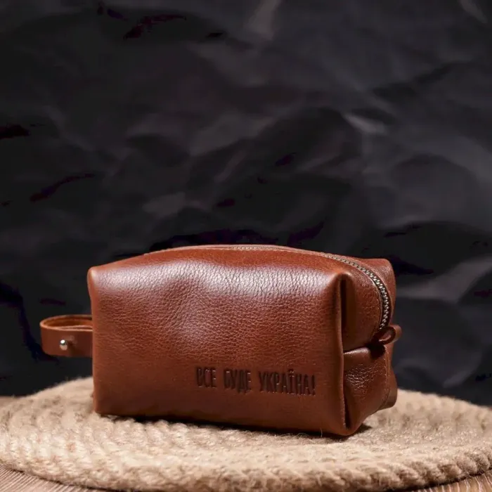 Компактна косметичка із гладкої шкіри на блискавці Україна GRANDE PELLE 16763 Світло-коричнева