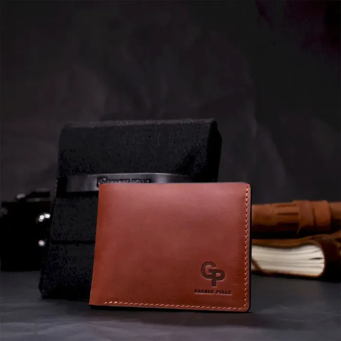 Компактний гаманець з натуральної шкіри без застібки GRANDE PELLE 11661 Коричневий