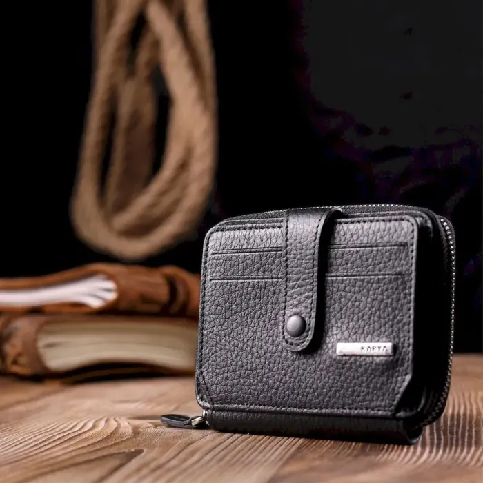 Компактний гаманець із натуральної зернистої шкіри KARYA 20971 Чорний