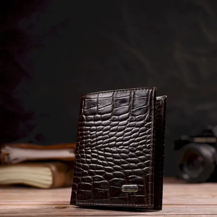 Компактный мужской кошелек из натуральной кожи с тиснением под крокодила CANPELLINI 21871 Коричневый
