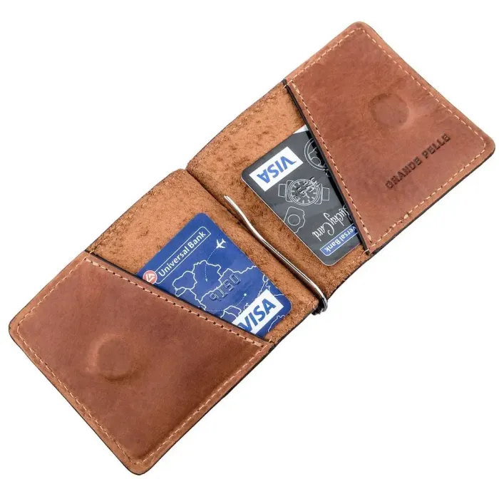 Компактний затиск для грошей на магніті GRANDE PELLE 11242 Рудий