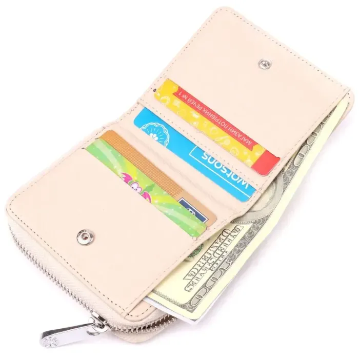 Компактний жіночий гаманець із монетницею на блискавці з натуральної шкіри KARYA 21409 Молочний