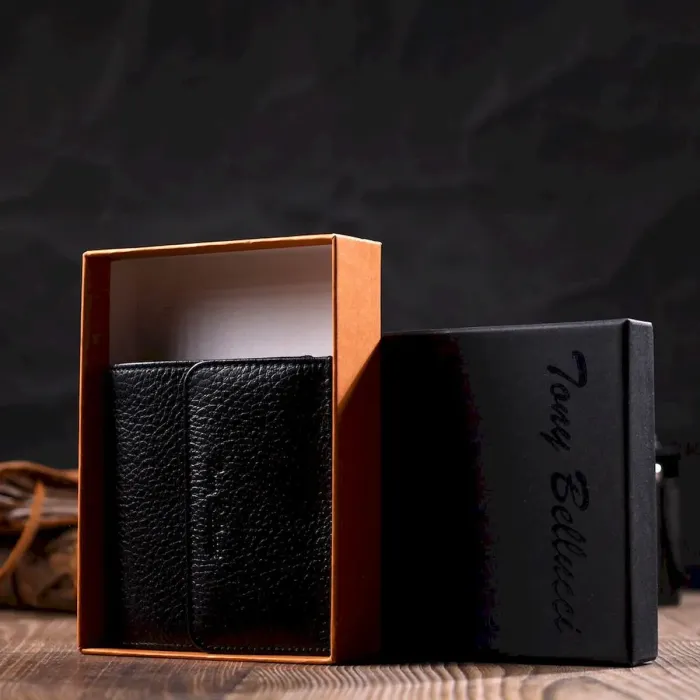 Компактний жіночий гаманець із місткою монетницею на кнопці з натуральної шкіри Tony Bellucci 22010 Чорний