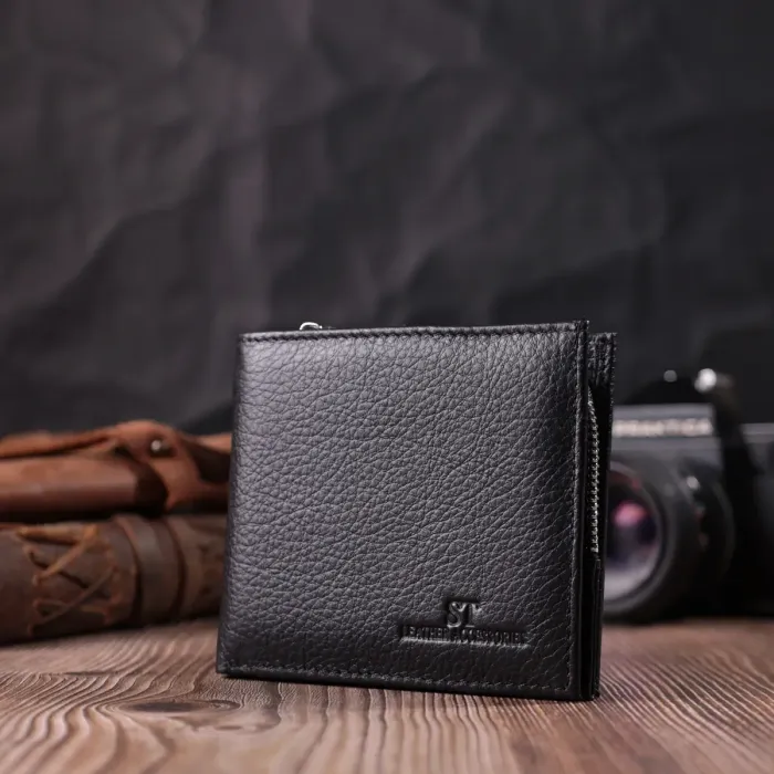 Кошелек среднего размера с оригинальной монетницей из натуральной кожи ST Leather 22458 Черный