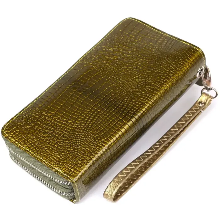 Гаманець жіночий з екошкіри на дві блискавки лаковий KIVI Хамелеон 19023 Зелений