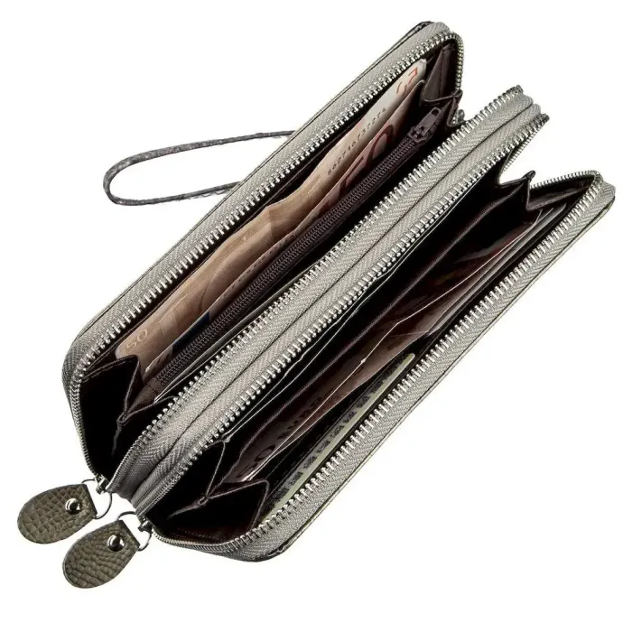 Кошелек женский из экокожи на две молнии лаковый KIVI Хамелеон 19024 Серый