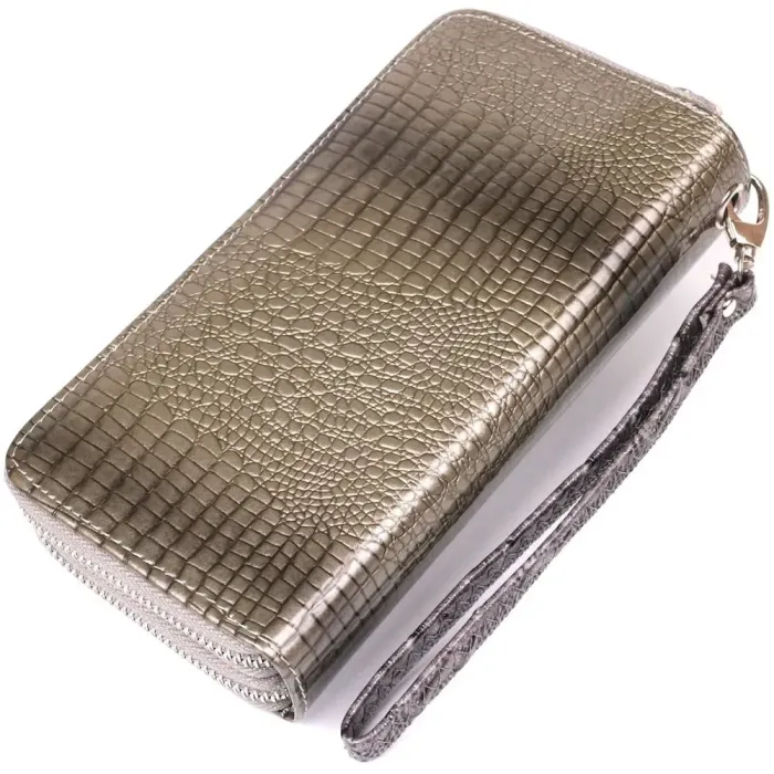 Кошелек женский из экокожи на две молнии лаковый KIVI Хамелеон 19024 Серый