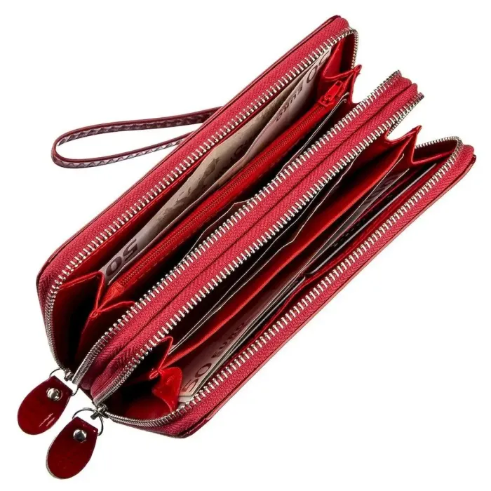 Гаманець жіночий з екошкіри на дві блискавки лаковий KIVI Хамелеон 19025 Червоний