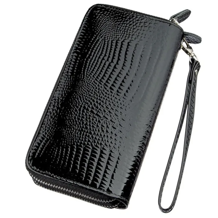 Гаманець жіночий з екошкіри на дві блискавки лаковий KIVI Хамелеон 19026 Чорний