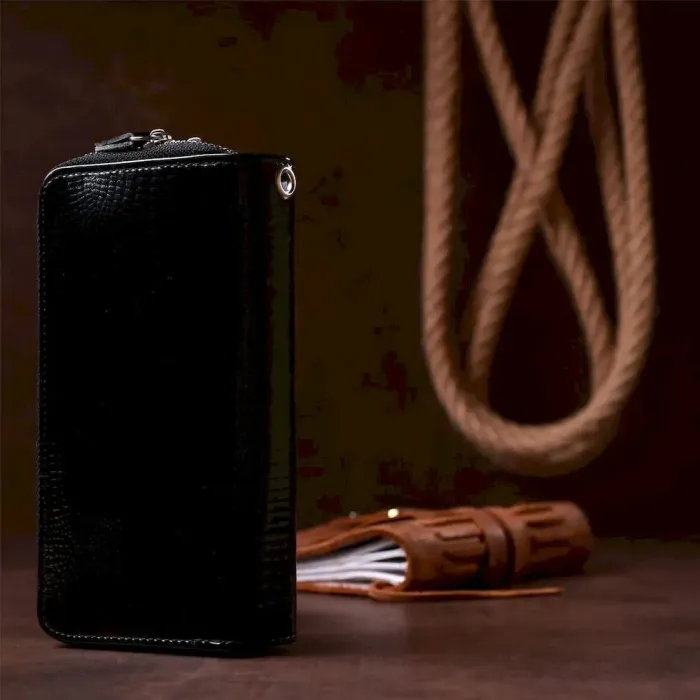 Гаманець жіночий з екошкіри на дві блискавки лаковий KIVI Хамелеон 19026 Чорний