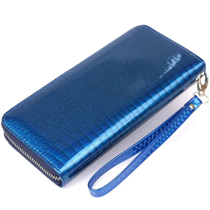 Кошелек женский на одну молнию из экокожи лаковый KIVI 19028 Синий