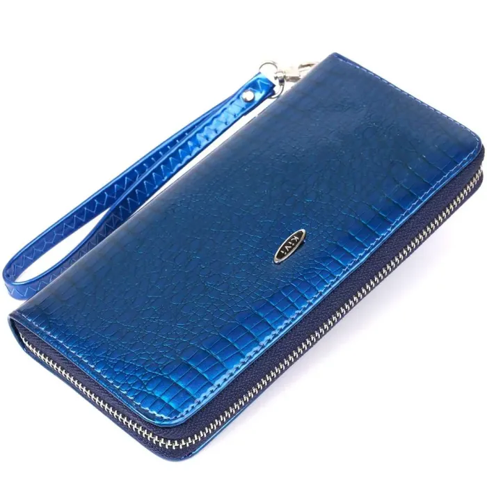 Кошелек женский на одну молнию из экокожи лаковый KIVI 19028 Синий