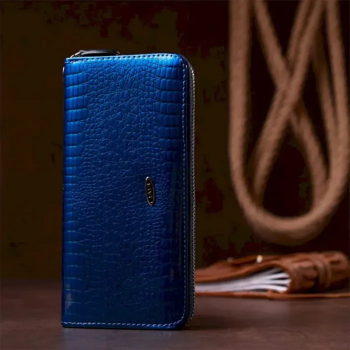 Кошелек женский на одну молнию из экокожи лаковый KIVI 19028 Синий