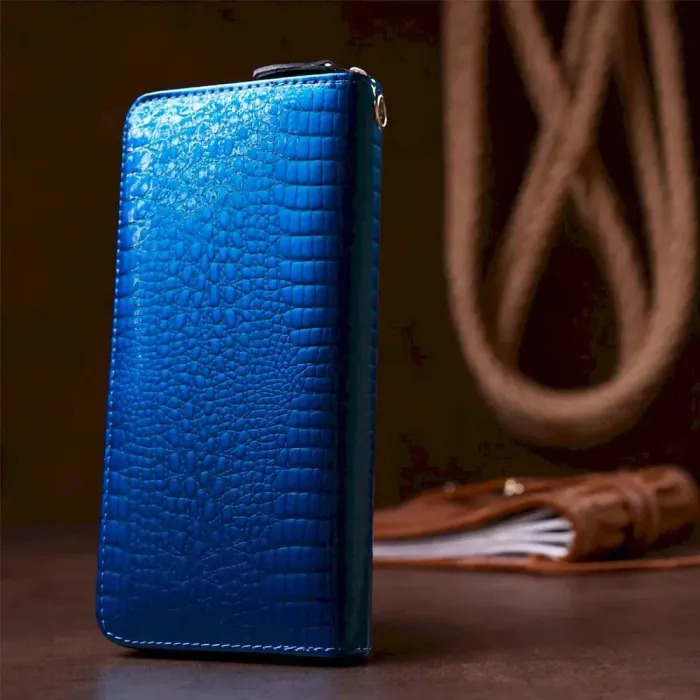 Кошелек женский на одну молнию из экокожи лаковый KIVI 19028 Синий