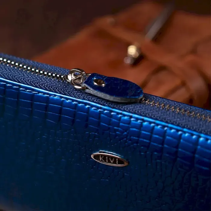 Кошелек женский на одну молнию из экокожи лаковый KIVI 19028 Синий
