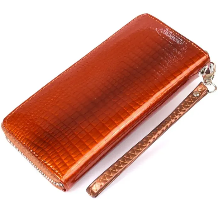 Кошелек женский на одну молнию из экокожи лаковый KIVI хамелеон 19029 Коричневый