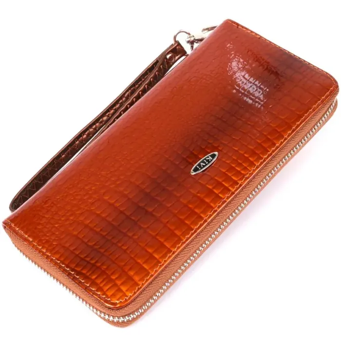 Кошелек женский на одну молнию из экокожи лаковый KIVI хамелеон 19029 Коричневый