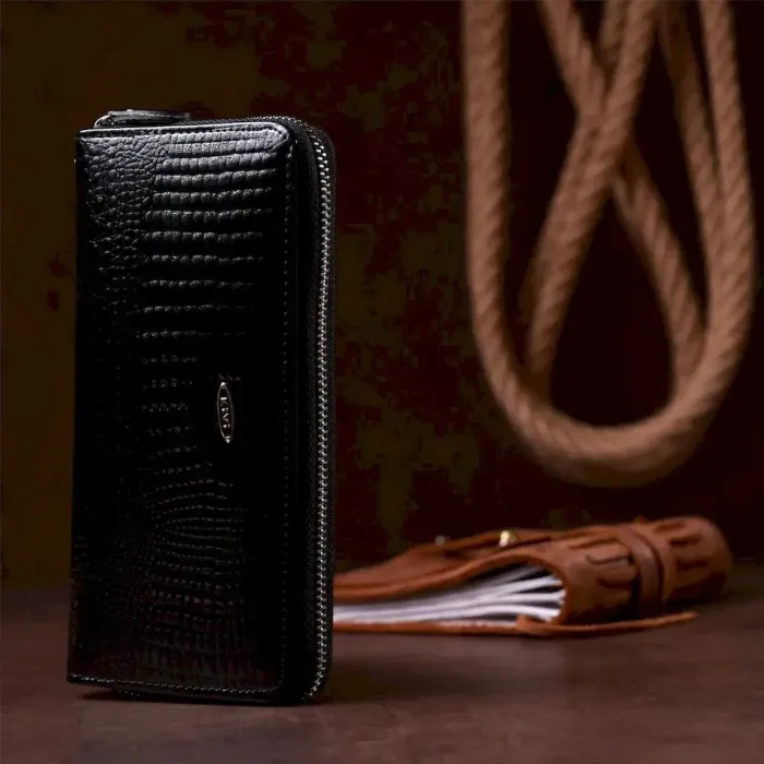 Кошелек женский на одну молнию из экокожи лаковый KIVI 19030 Черный