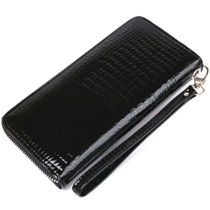 Кошелек женский на одну молнию из экокожи лаковый KIVI 19030 Черный