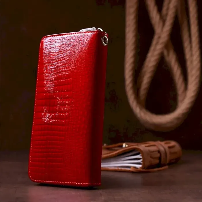 Кошелек женский на одну молнию из экокожи лаковый KIVI 19032 Красный