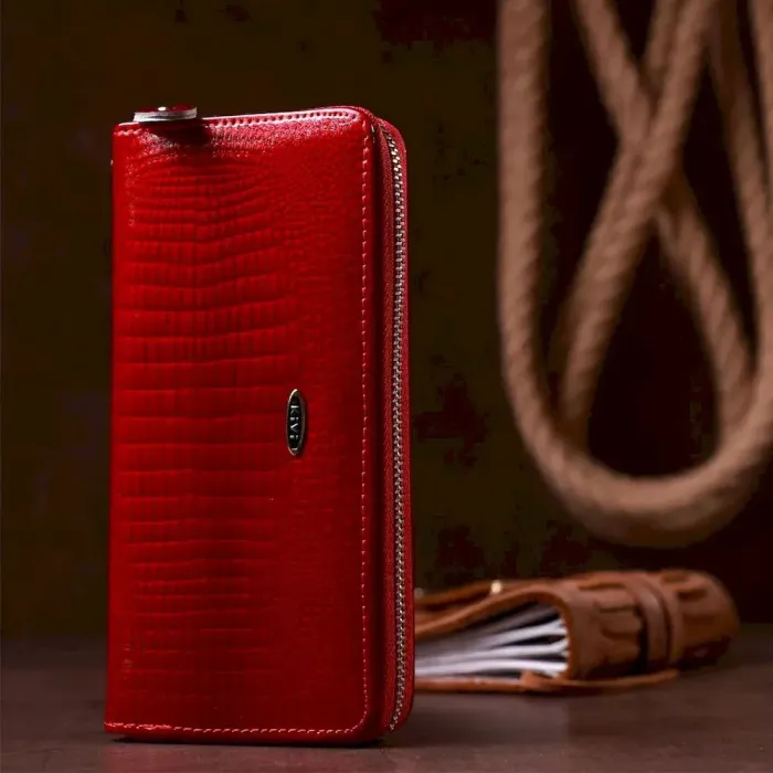 Кошелек женский на одну молнию из экокожи лаковый KIVI 19032 Красный