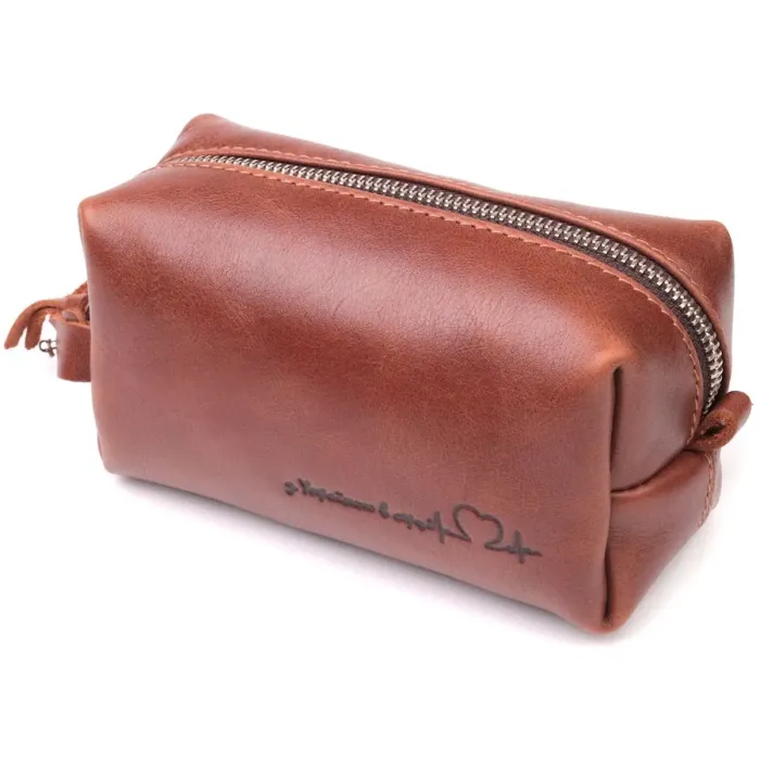 Косметичка невеликого розміру з гладкої шкіри на блискавці Серце GRANDE PELLE 16762 Світло-коричневе