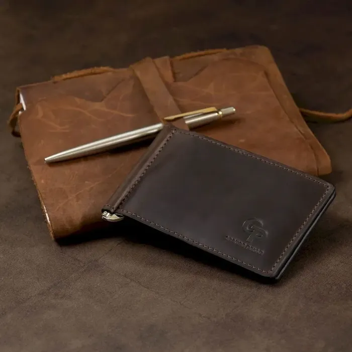 Шкіряний чоловічий затискач для грошей GRANDE PELLE 11540 Коричневий