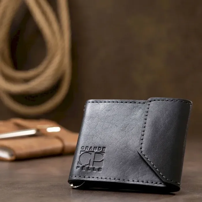 Шкіряний чоловічий затискач для грошей на магніті GRANDE PELLE 11546 Синій