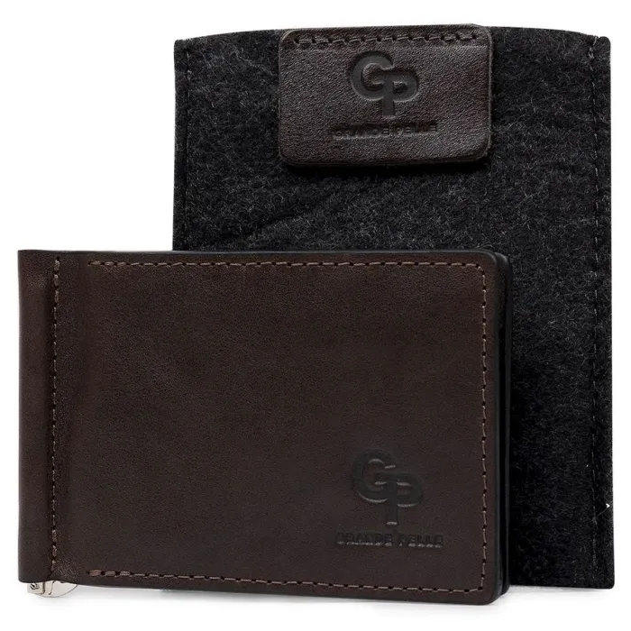 Шкіряний чоловічий затискач для грошей з монетницею GRANDE PELLE 11547 Коричневий