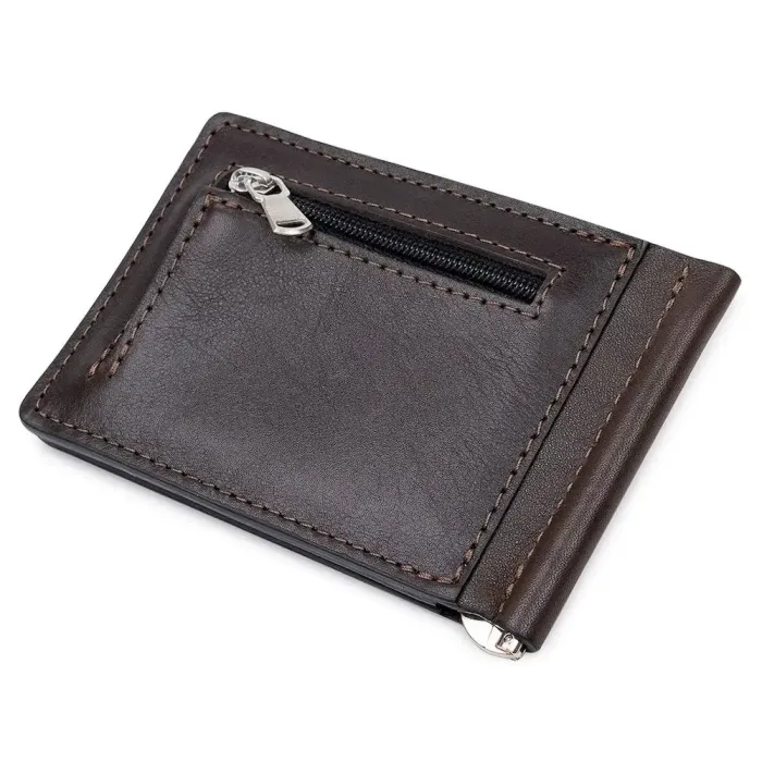 Шкіряний чоловічий затискач для грошей з монетницею GRANDE PELLE 11547 Коричневий