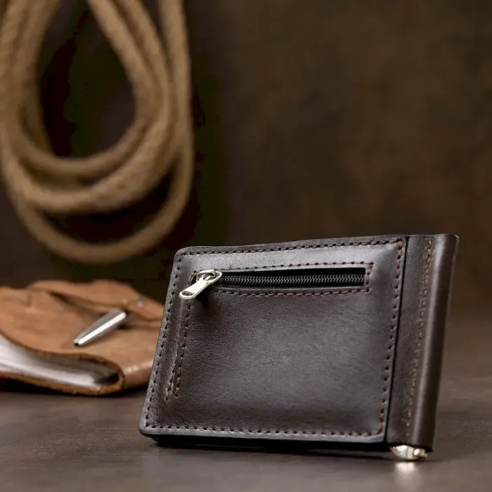 Шкіряний чоловічий затискач для грошей з монетницею GRANDE PELLE 11547 Коричневий