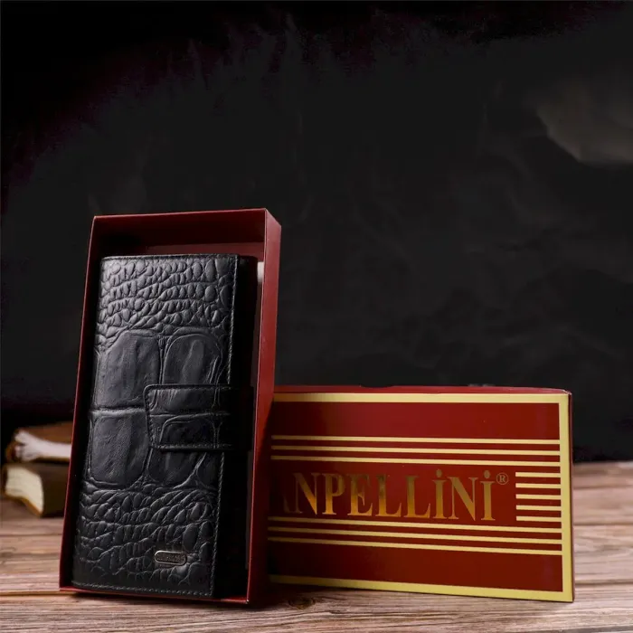Красивое вертикальное мужское портмоне из натуральной кожи с тиснением под крокодила CANPELLINI 21844 Черное