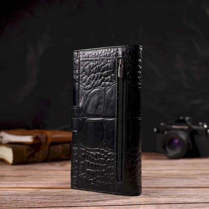 Красивое вертикальное мужское портмоне из натуральной кожи с тиснением под крокодила CANPELLINI 21844 Черное